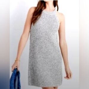 Grey and white sleeveless sweater dress.